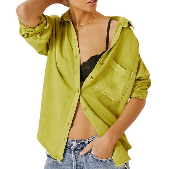 Anthropologie Pilcro Lime Green Ribbed The Bo Button Down Top - Picture 1 of 12